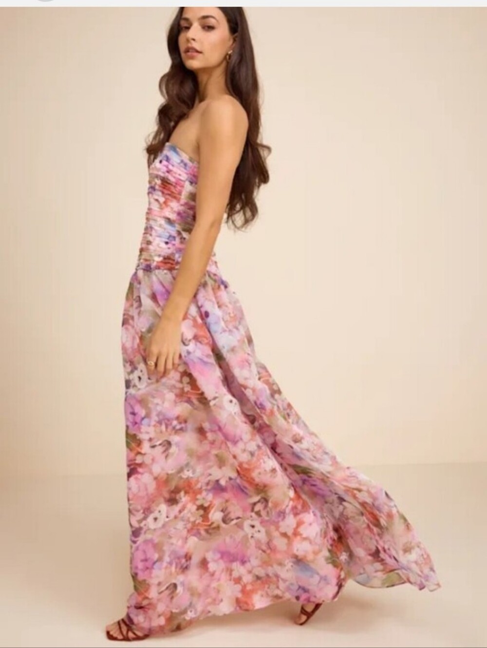 Lulu's Pink Floral Strapless Chiffon Maxi Dress Size M NEW #4G